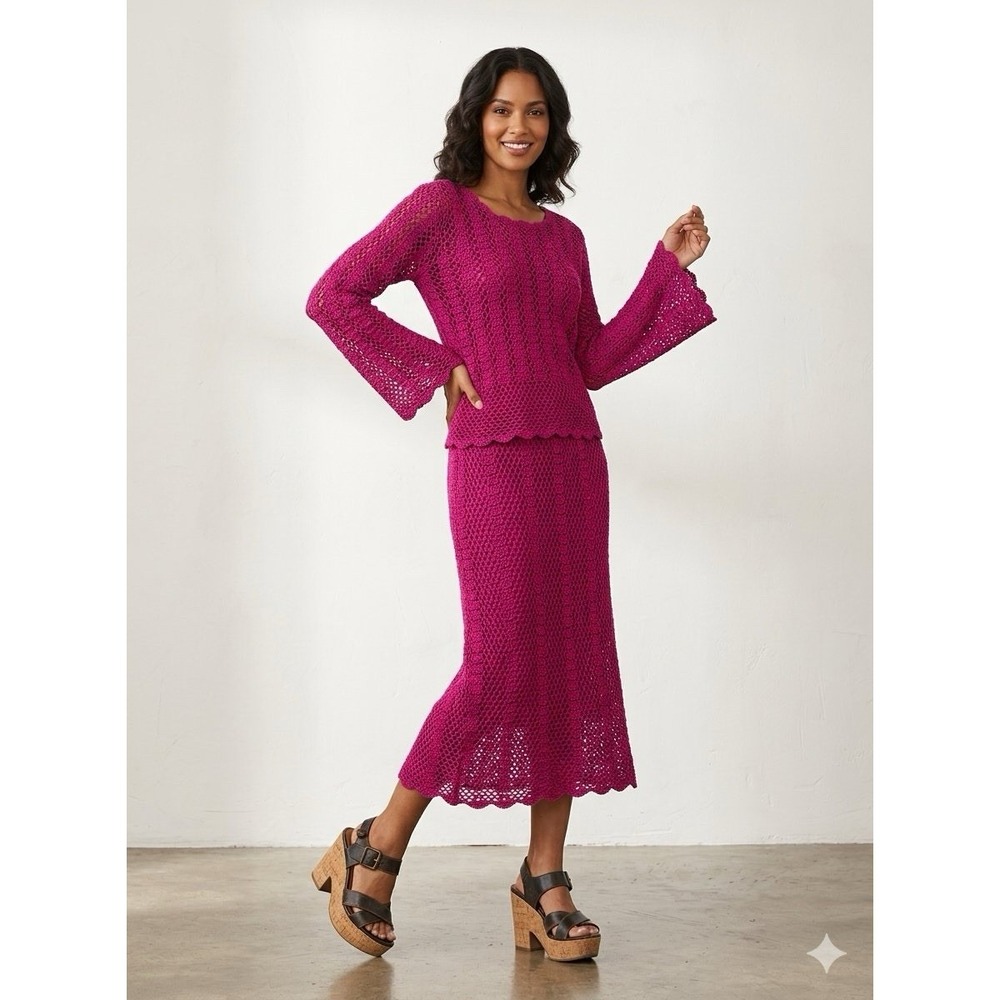 Crochet Skirt Set Sweater Pink Y2K Bell Sleeve Boho Fairy Coquette Hippy Large M